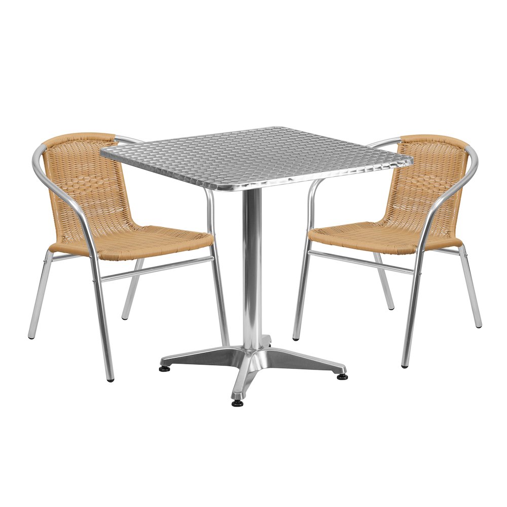 27.5'' Square Aluminum Indoor-Outdoor Table Set with 2 Beige Rattan Chairs. Picture 1