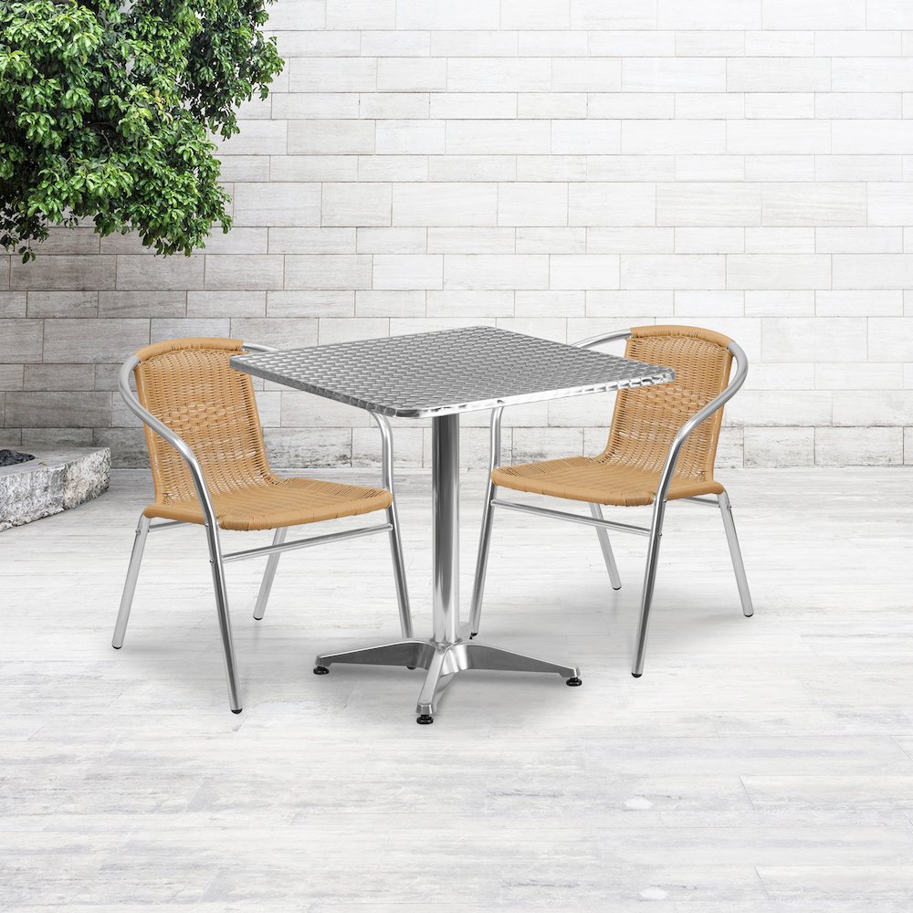 27.5'' Square Aluminum Indoor-Outdoor Table Set with 2 Beige Rattan Chairs. Picture 2