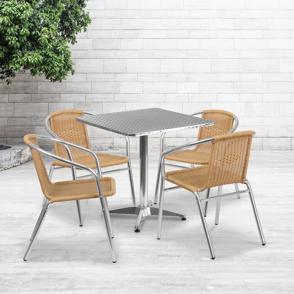27.5'' Square Aluminum Indoor-Outdoor Table Set with 4 Beige Rattan Chairs. Picture 2