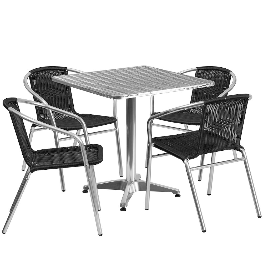 27.5'' Square Aluminum Indoor-Outdoor Table Set with 4 Black Rattan Chairs. Picture 1