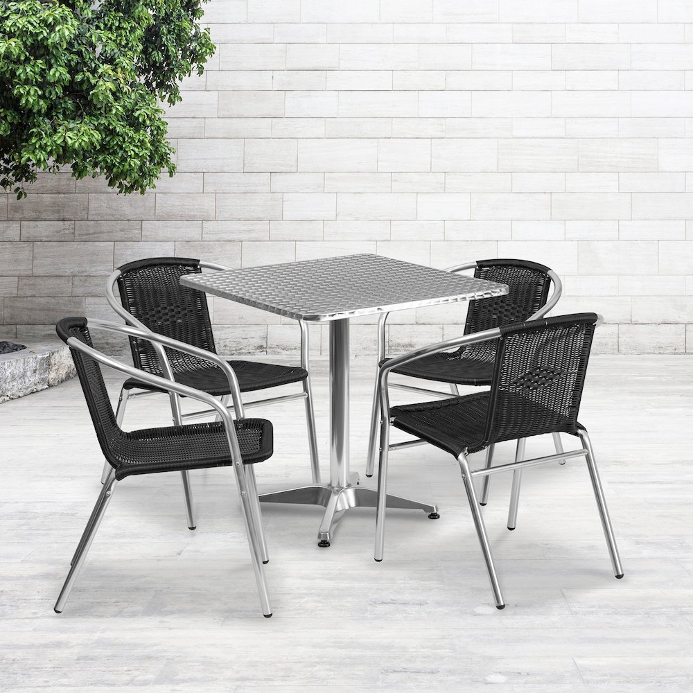 27.5'' Square Aluminum Indoor-Outdoor Table Set with 4 Black Rattan Chairs. Picture 2