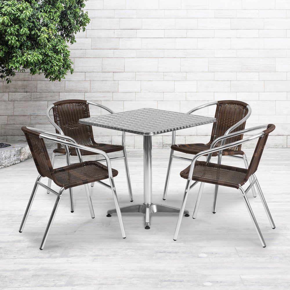 27.5'' Square Aluminum Indoor-Outdoor Table Set with 4 Dark Brown Rattan Chairs. Picture 2