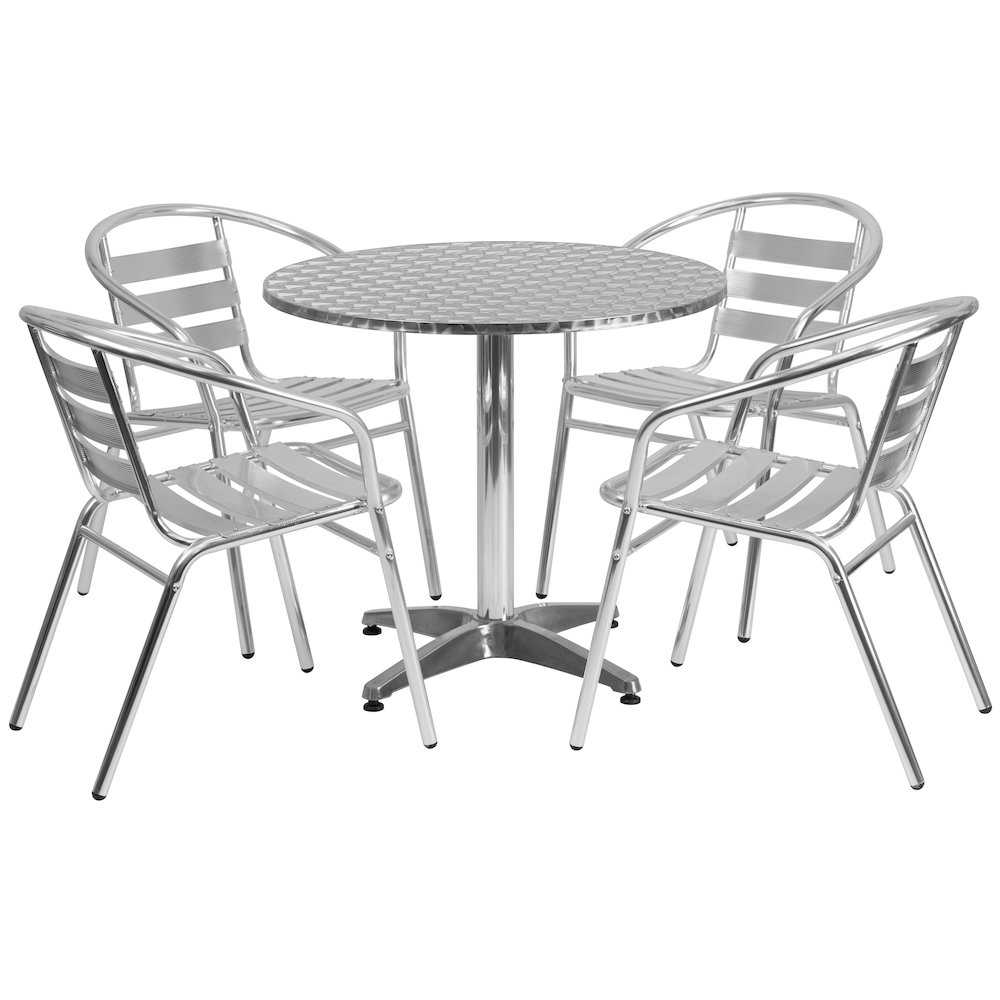 31.5'' Round Aluminum Indoor-Outdoor Table Set with 4 Slat Back Chairs. Picture 1