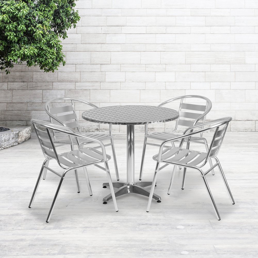 31.5'' Round Aluminum Indoor-Outdoor Table Set with 4 Slat Back Chairs. Picture 4