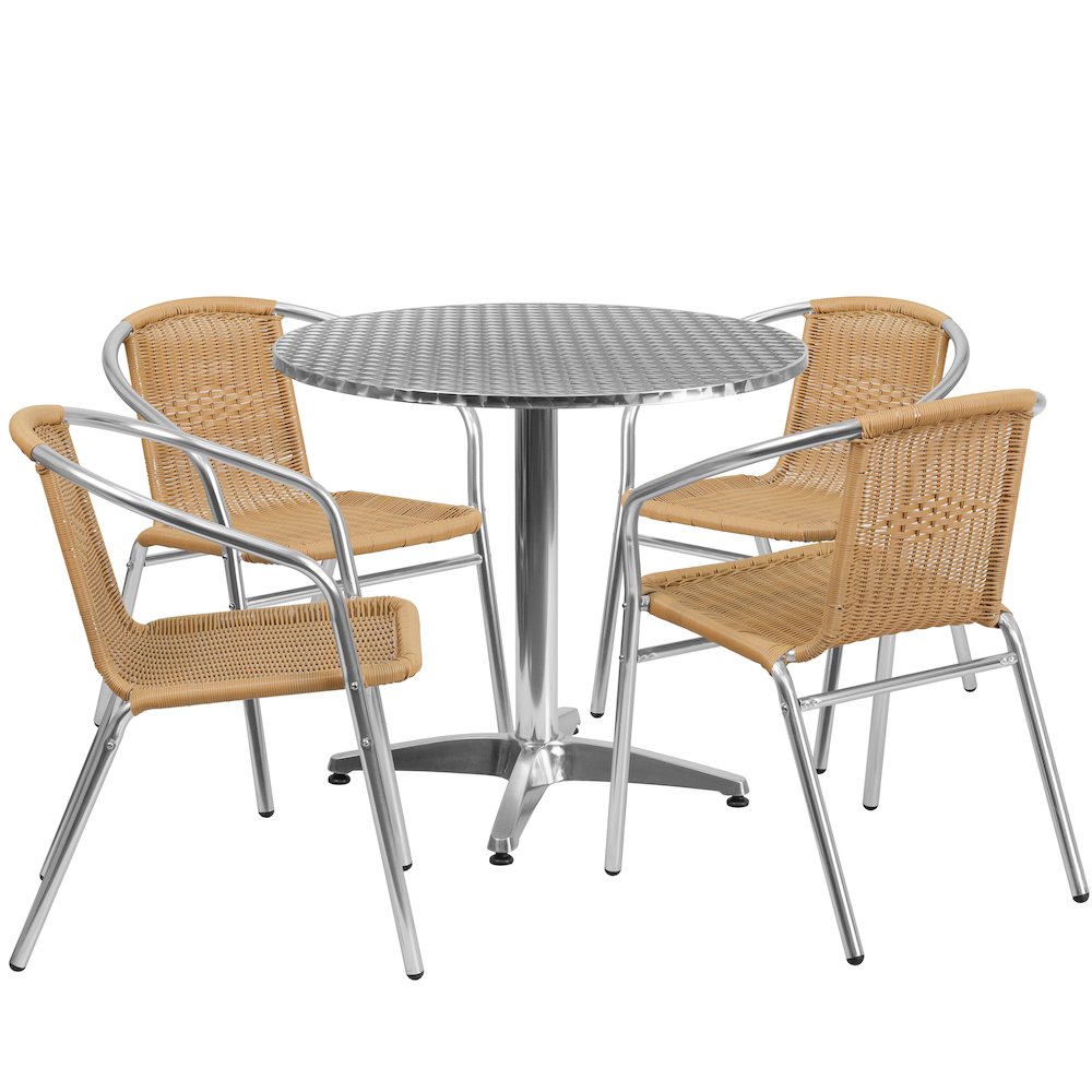 31.5'' Round Aluminum Indoor-Outdoor Table Set with 4 Beige Rattan Chairs. Picture 1
