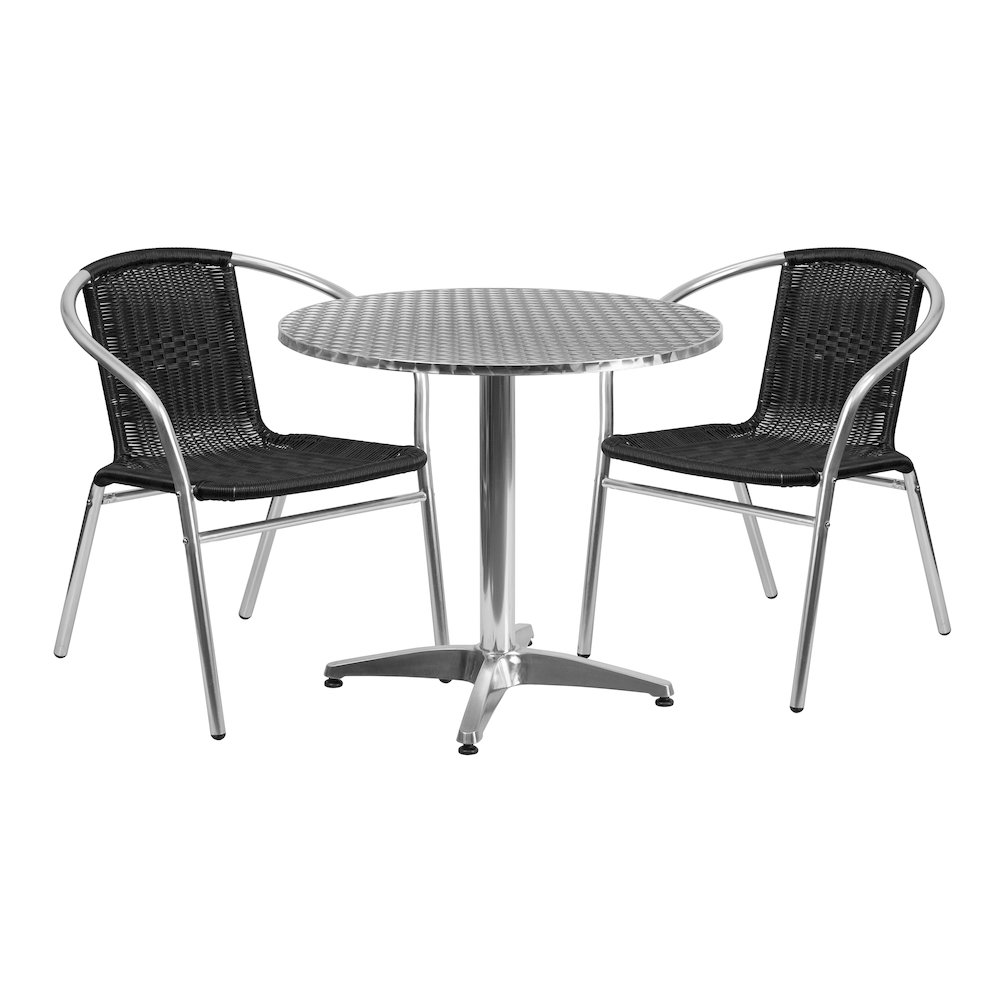 31.5'' Round Aluminum Indoor-Outdoor Table Set with 2 Black Rattan Chairs. Picture 1