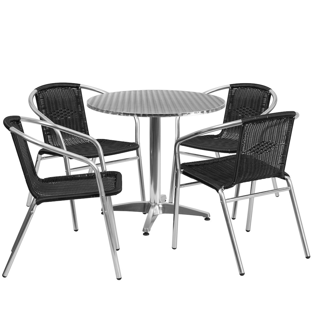 31.5'' Round Aluminum Indoor-Outdoor Table Set with 4 Black Rattan Chairs. Picture 1