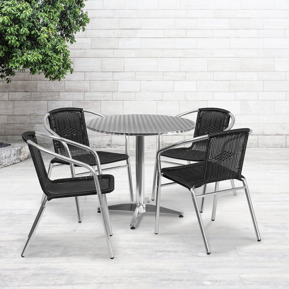 31.5'' Round Aluminum Indoor-Outdoor Table Set with 4 Black Rattan Chairs. Picture 2