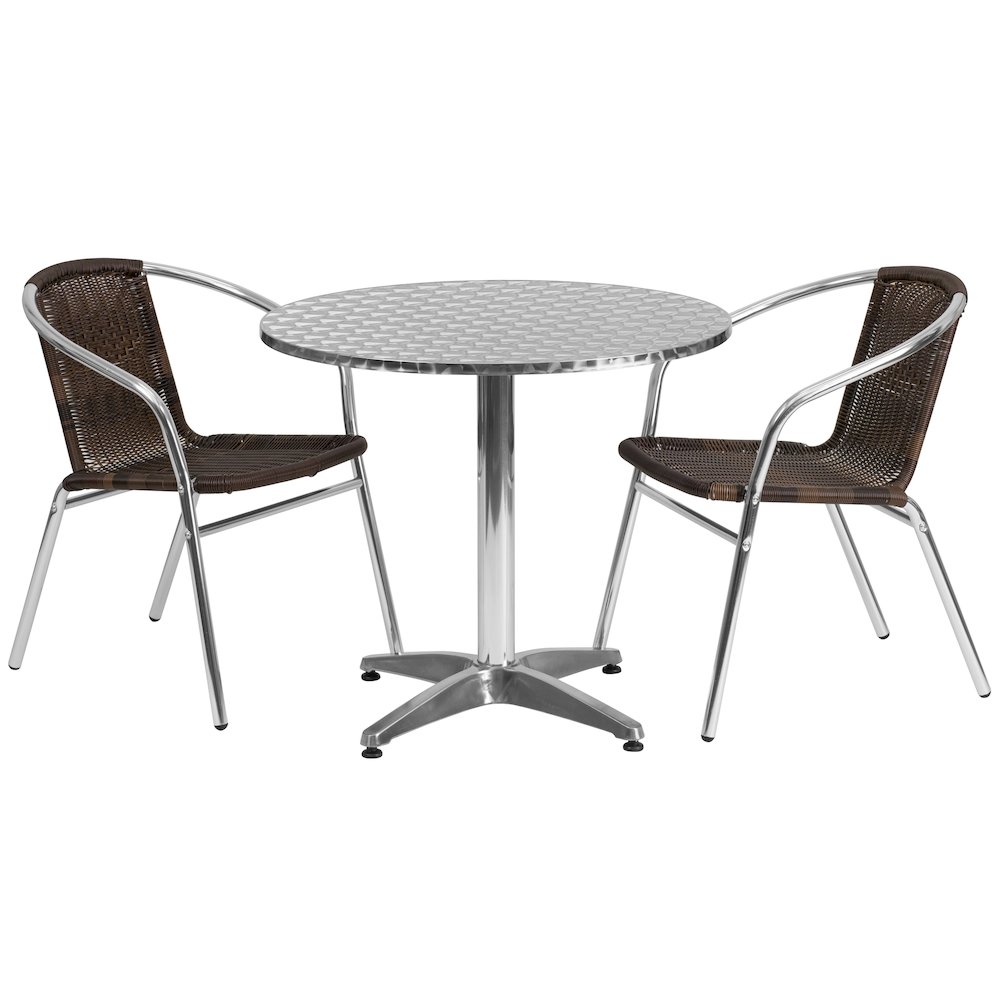 31.5'' Round Aluminum Indoor-Outdoor Table Set with 2 Dark Brown Rattan Chairs. Picture 1
