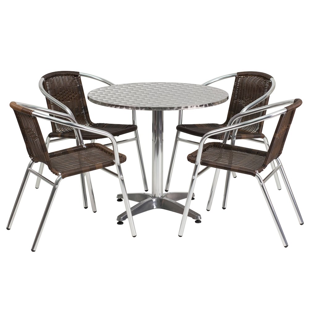 31.5'' Round Aluminum Indoor-Outdoor Table Set with 4 Dark Brown Rattan Chairs. Picture 1