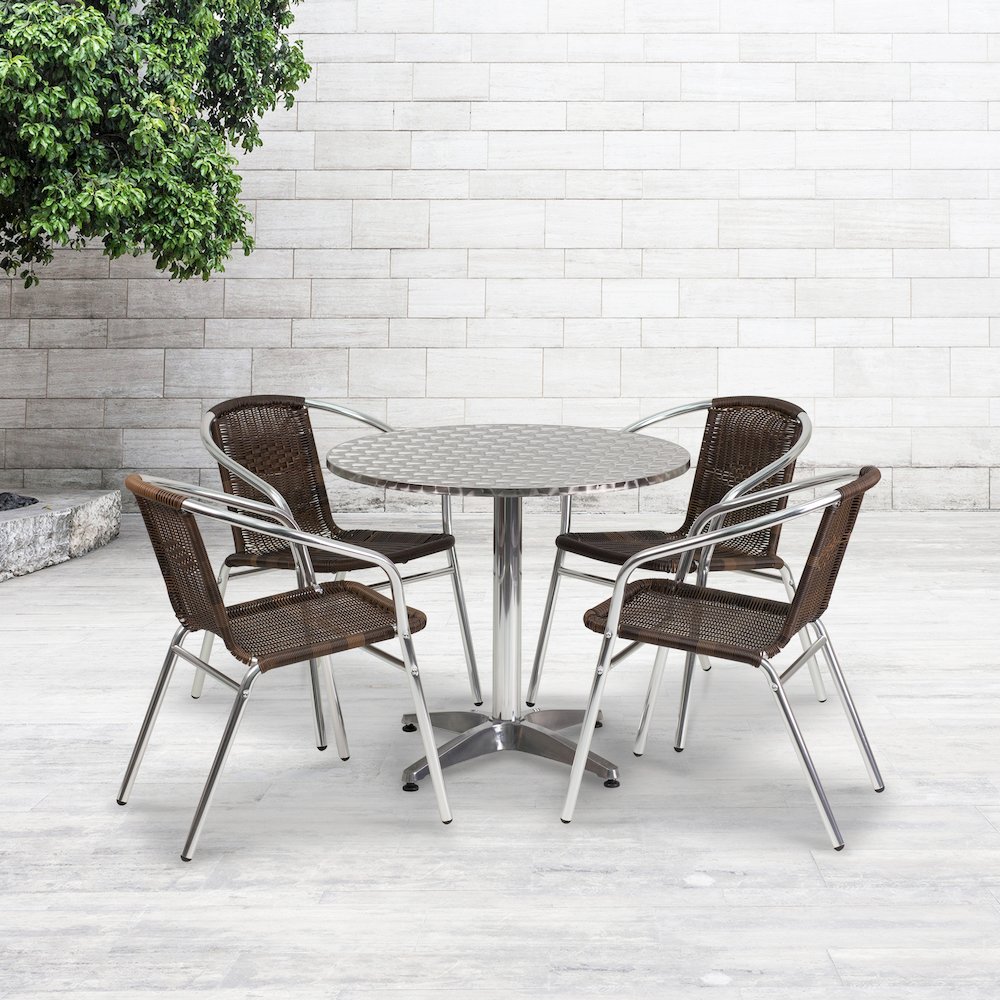 31.5'' Round Aluminum Indoor-Outdoor Table Set with 4 Dark Brown Rattan Chairs. Picture 4