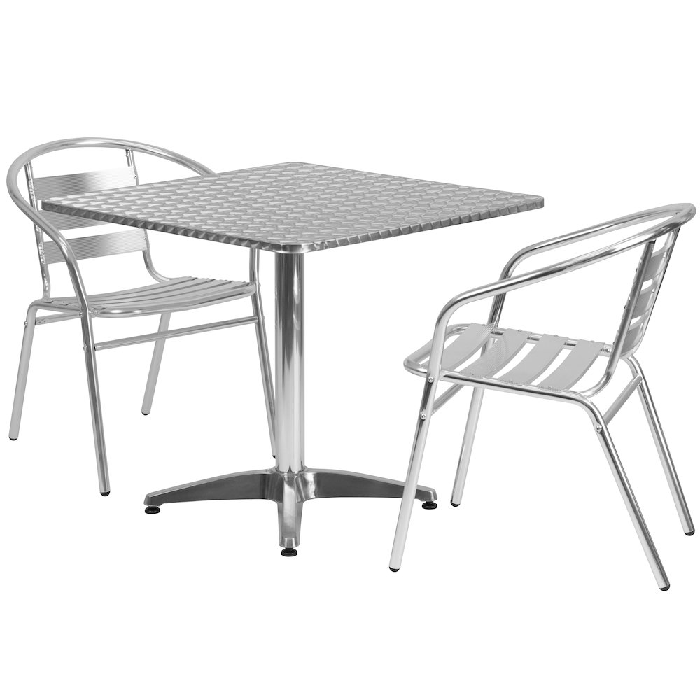 31.5'' Square Aluminum Indoor-Outdoor Table Set with 2 Slat Back Chairs. Picture 1