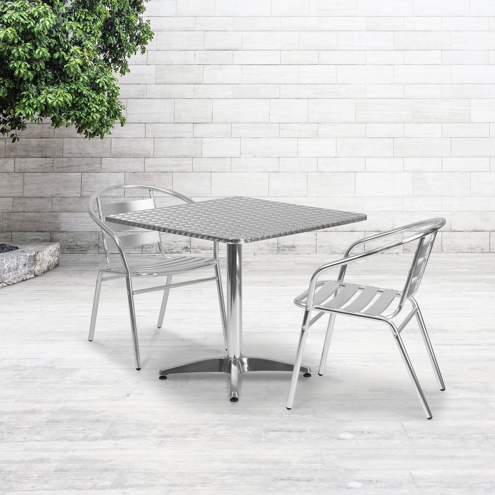 31.5'' Square Aluminum Indoor-Outdoor Table Set with 2 Slat Back Chairs. Picture 2