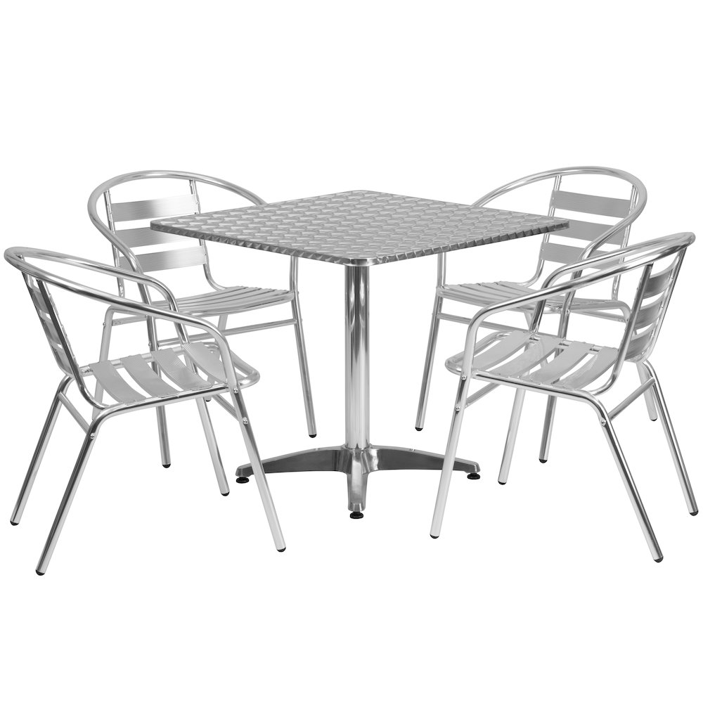 31.5'' Square Aluminum Indoor-Outdoor Table Set with 4 Slat Back Chairs. Picture 1