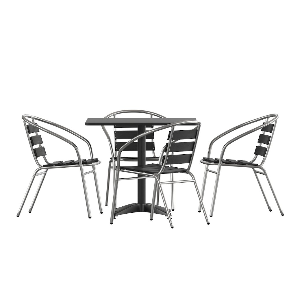Lila 31.5'' Black Square Aluminum Table Set with 4 Black Slat Back Chairs. Picture 1