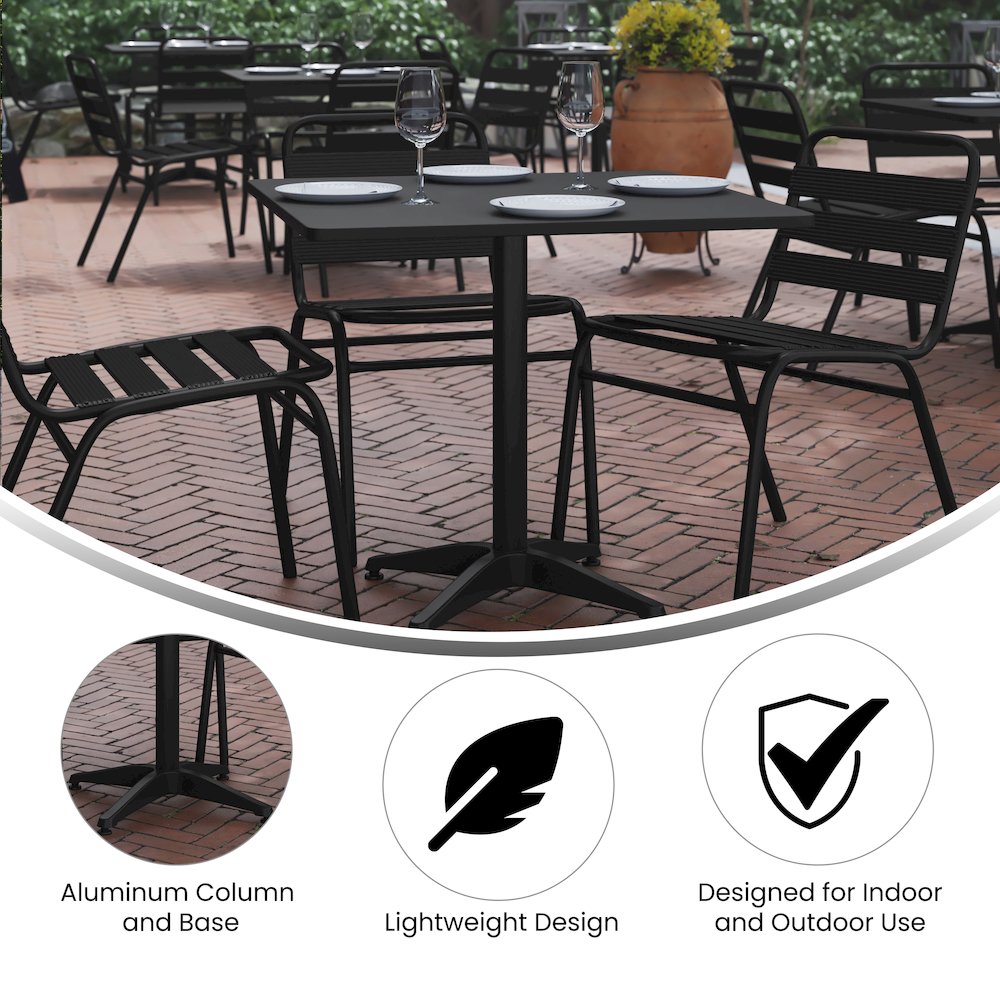 Lila 31.5'' Black Square Aluminum Table Set with 4 Black Slat Back Chairs. Picture 5
