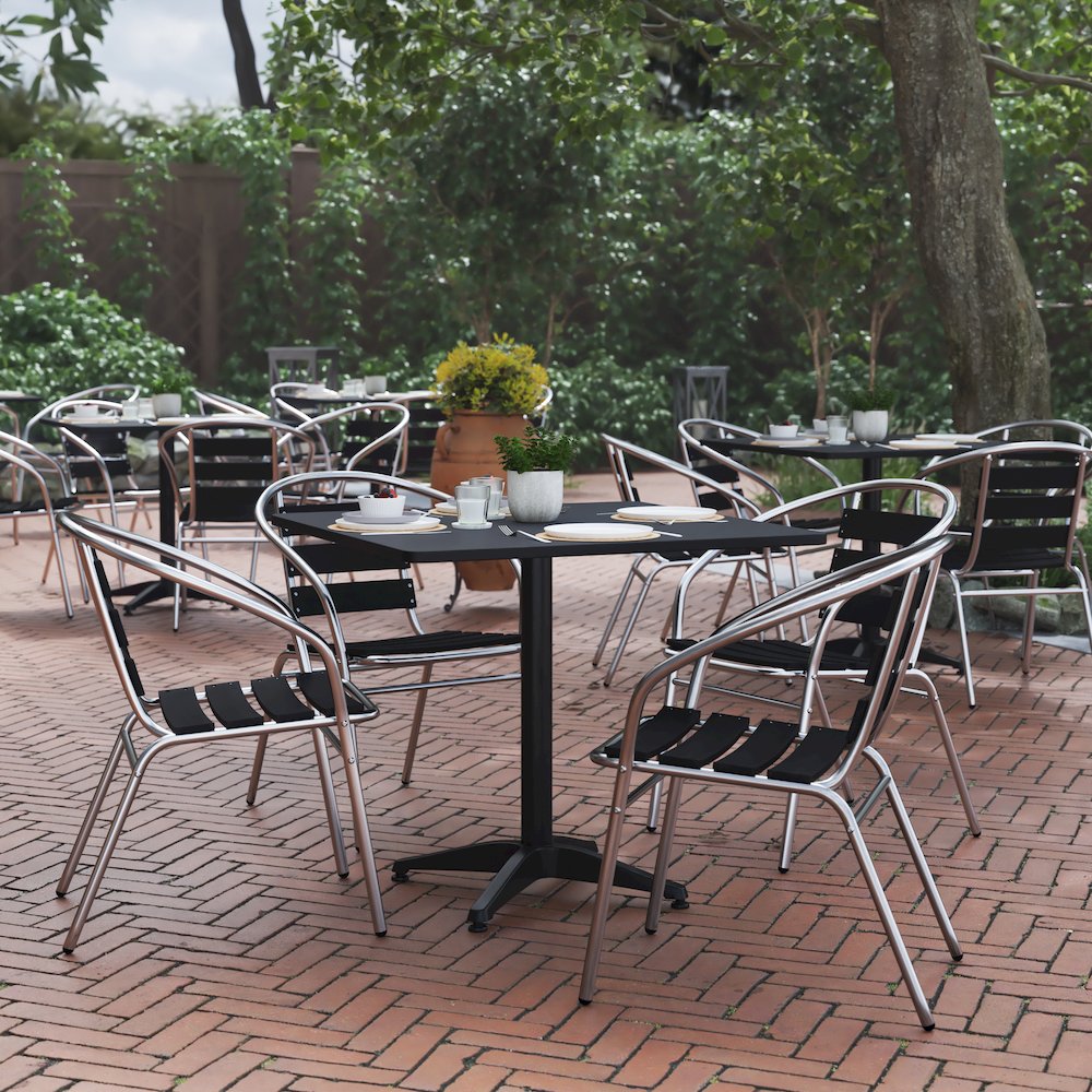Lila 31.5'' Black Square Aluminum Table Set with 4 Black Slat Back Chairs. Picture 3