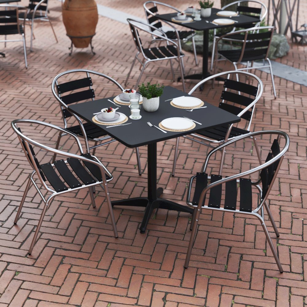 Lila 31.5'' Black Square Aluminum Table Set with 4 Black Slat Back Chairs. Picture 8