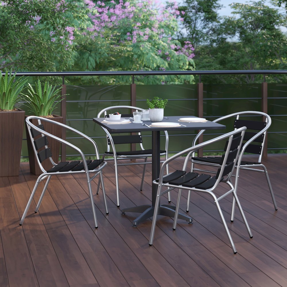 Lila 31.5'' Black Square Aluminum Table Set with 4 Black Slat Back Chairs. Picture 9