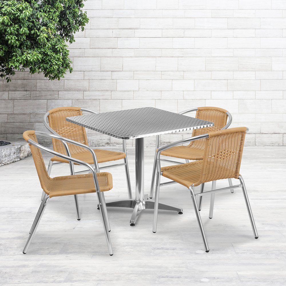31.5'' Square Aluminum Indoor-Outdoor Table Set with 4 Beige Rattan Chairs. Picture 2