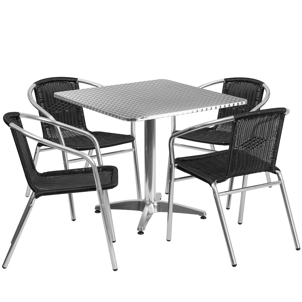 31.5'' Square Aluminum Indoor-Outdoor Table Set with 4 Black Rattan Chairs. Picture 1