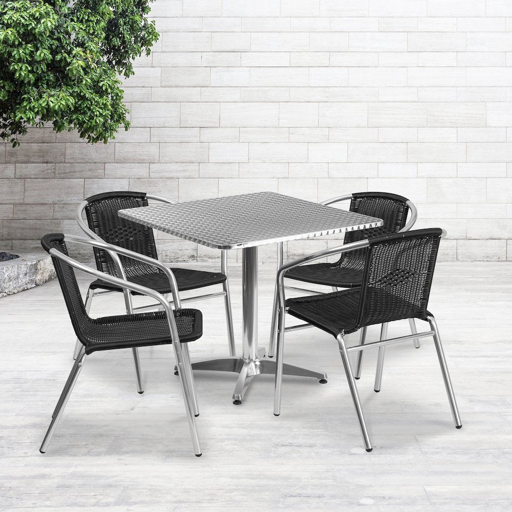 31.5'' Square Aluminum Indoor-Outdoor Table Set with 4 Black Rattan Chairs. Picture 2