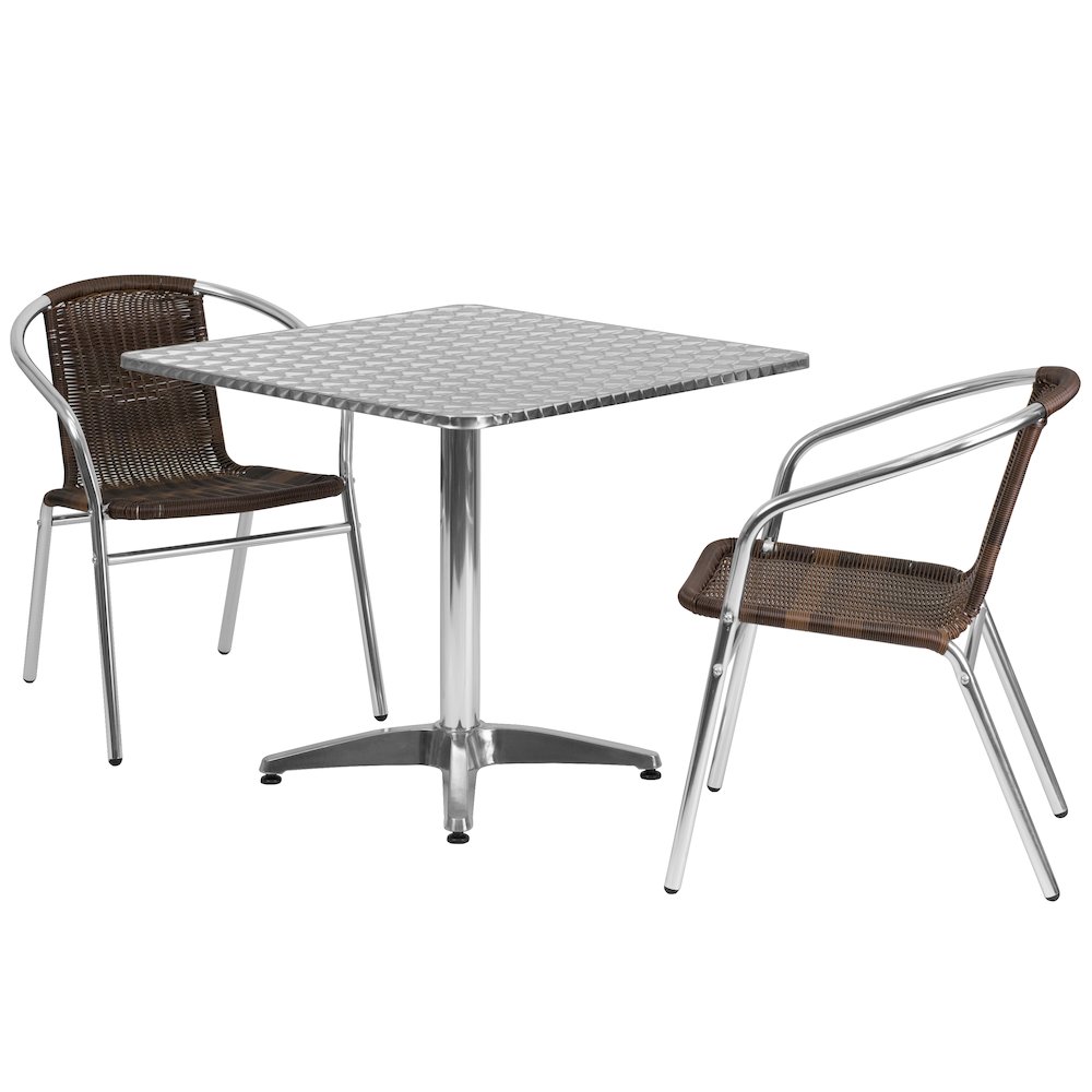 31.5'' Square Aluminum Indoor-Outdoor Table Set with 2 Dark Brown Rattan Chairs. Picture 1