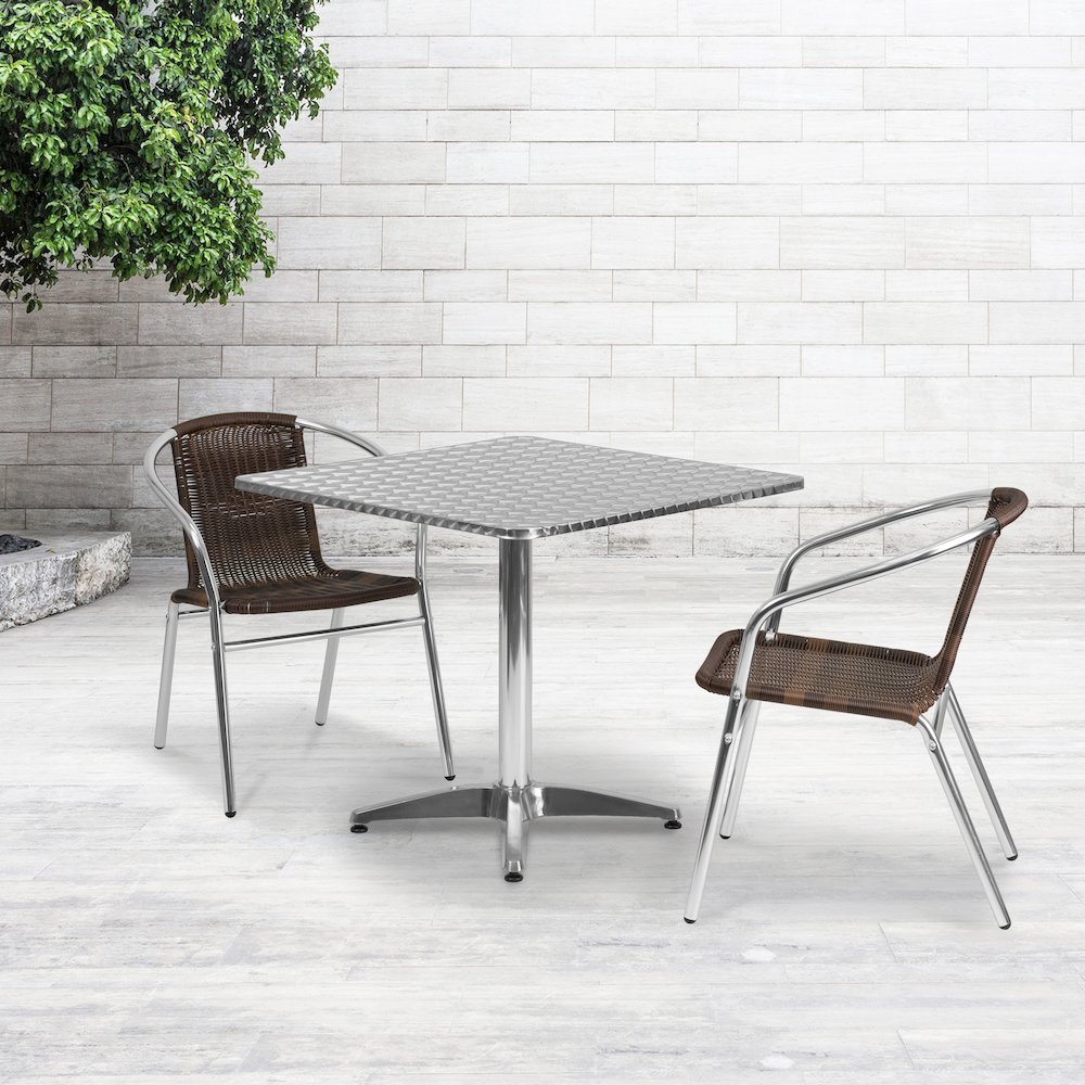 31.5'' Square Aluminum Indoor-Outdoor Table Set with 2 Dark Brown Rattan Chairs. Picture 2