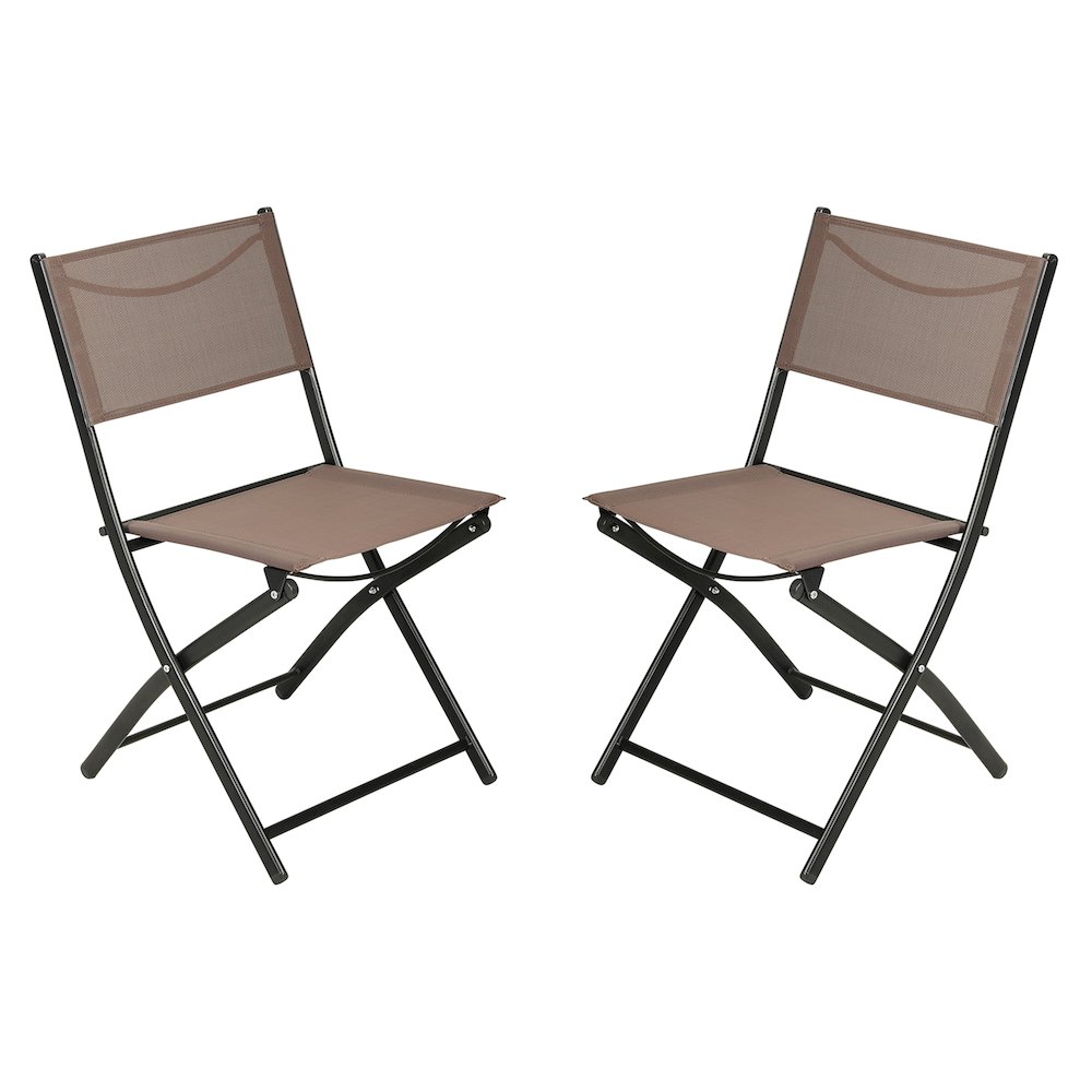 Set of 2 Folding Chairs with Brown Material Backs and Seats, Black Metal Frames. Picture 1