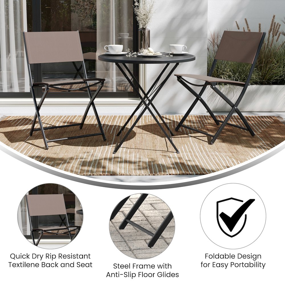 Set of 2 Folding Chairs with Brown Material Backs and Seats, Black Metal Frames. Picture 5