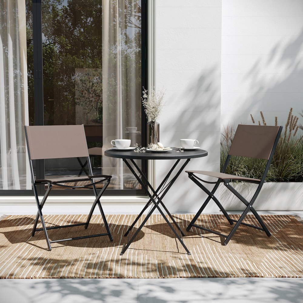 Set of 2 Folding Chairs with Brown Material Backs and Seats, Black Metal Frames. Picture 3