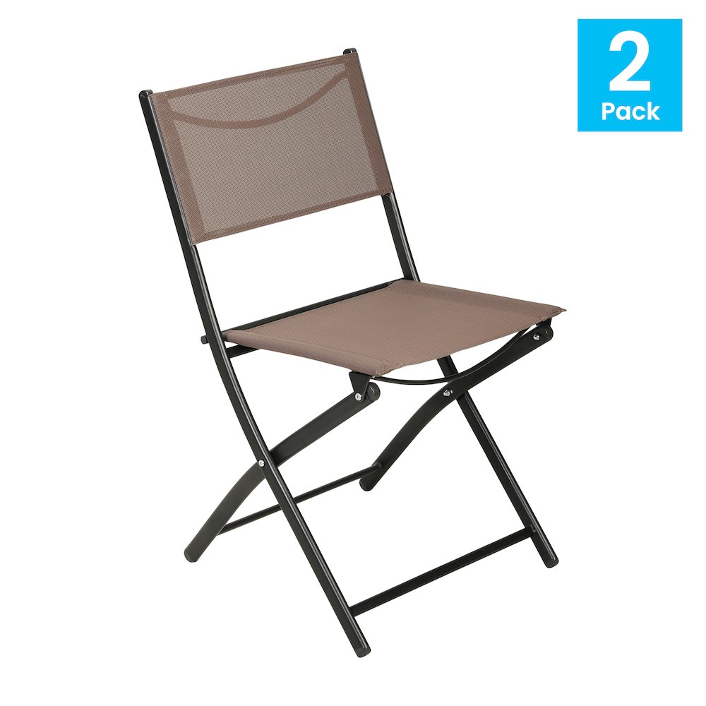 Set of 2 Folding Chairs with Brown Material Backs and Seats, Black Metal Frames. Picture 2