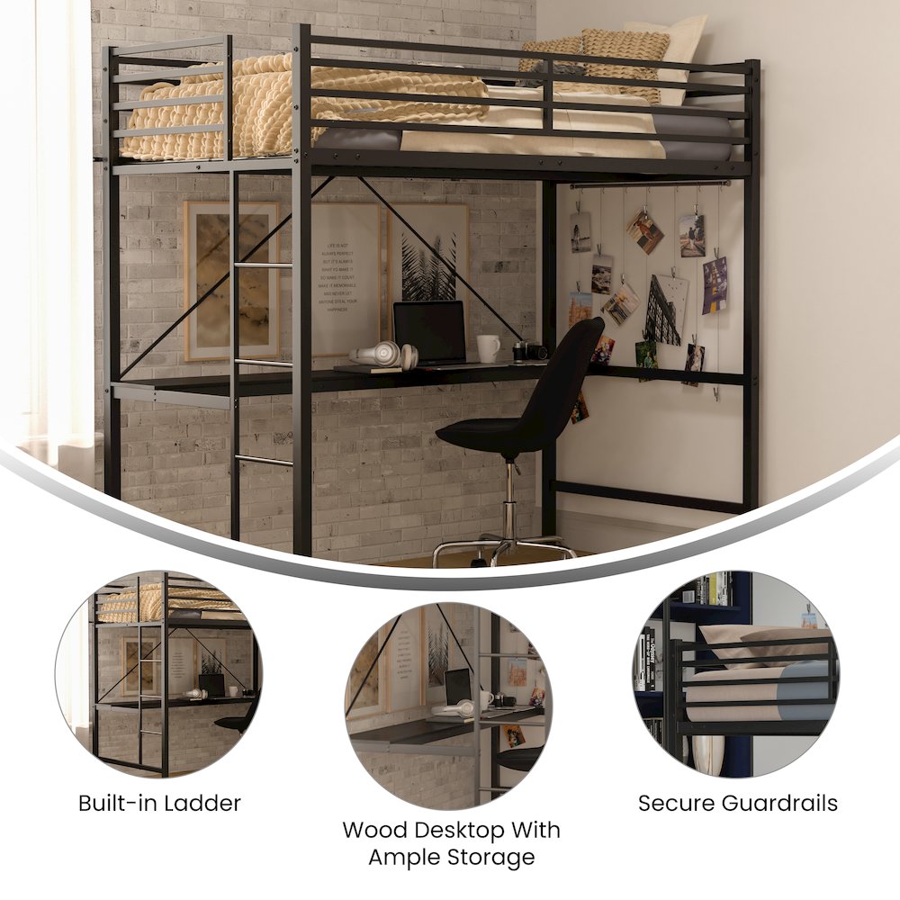 Twin Size Metal Loft Bed Frame with Built-In Desk. Picture 4