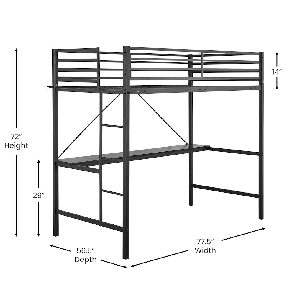 Twin Size Metal Loft Bed Frame with Built-In Desk. Picture 5