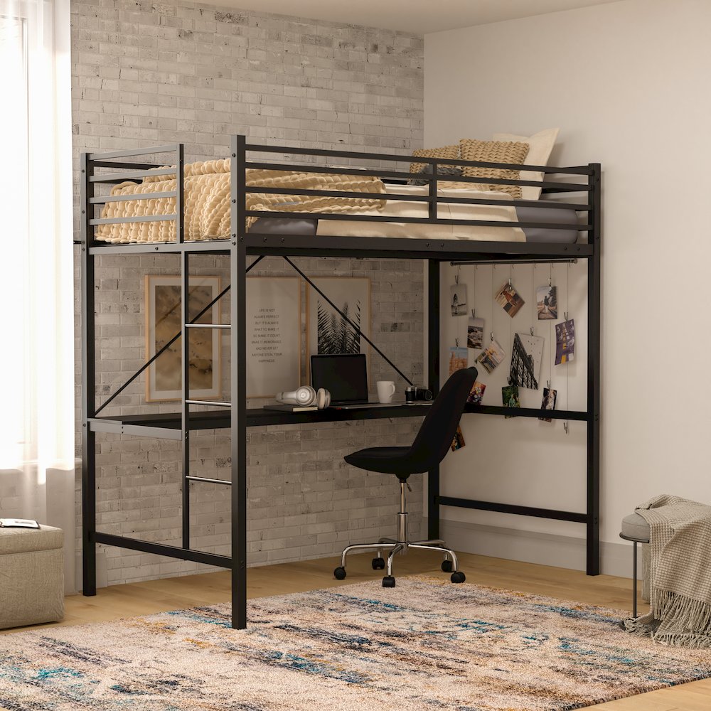 Twin Size Metal Loft Bed Frame with Built-In Desk. Picture 2