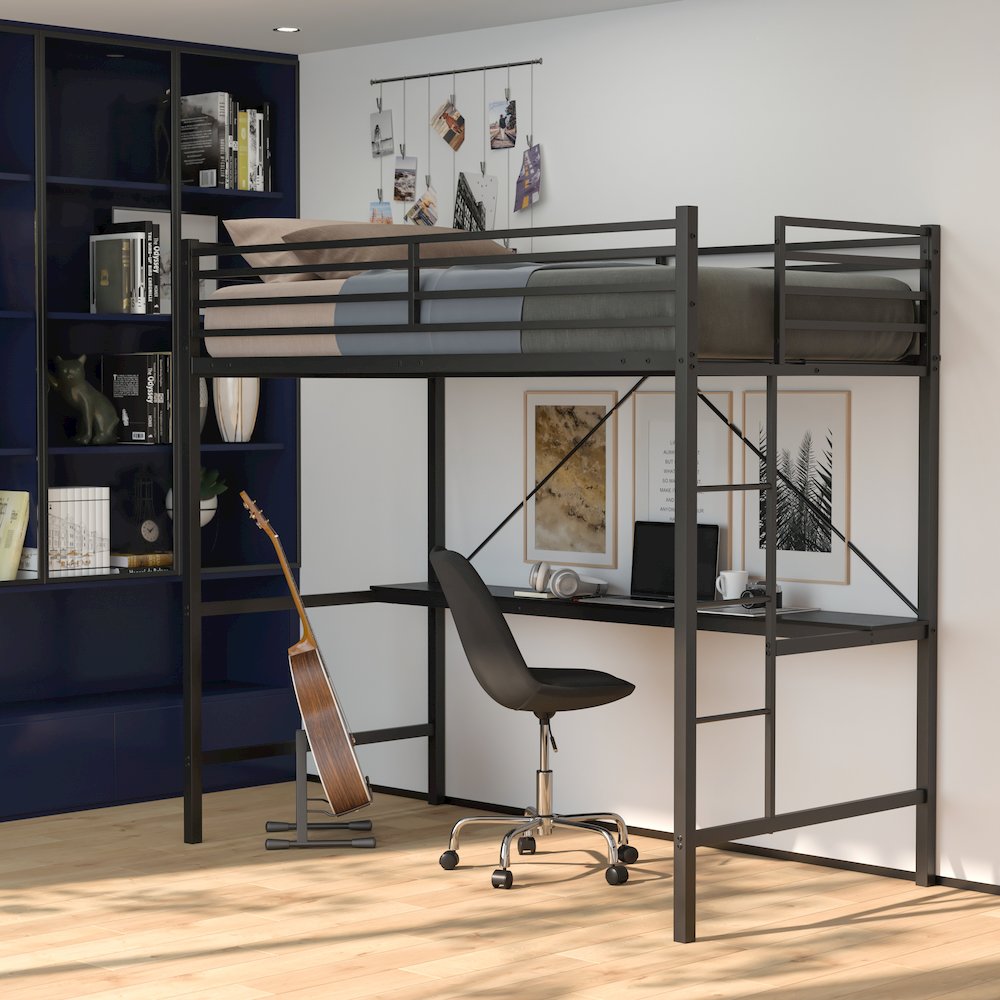 Twin Size Metal Loft Bed Frame with Built-In Desk. Picture 6