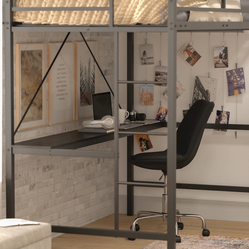 Twin Size Metal Loft Bed Frame with Built-In Desk. Picture 7