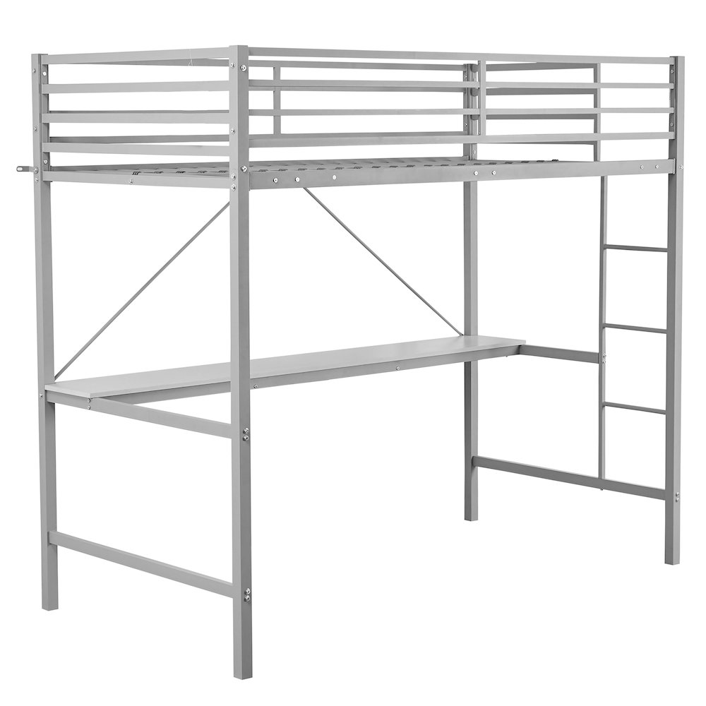 Twin Size Metal Loft Bed Frame with Built-In Desk. Picture 1
