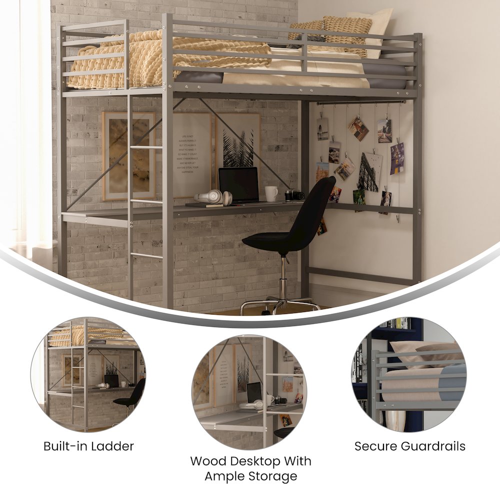 Twin Size Metal Loft Bed Frame with Built-In Desk. Picture 4