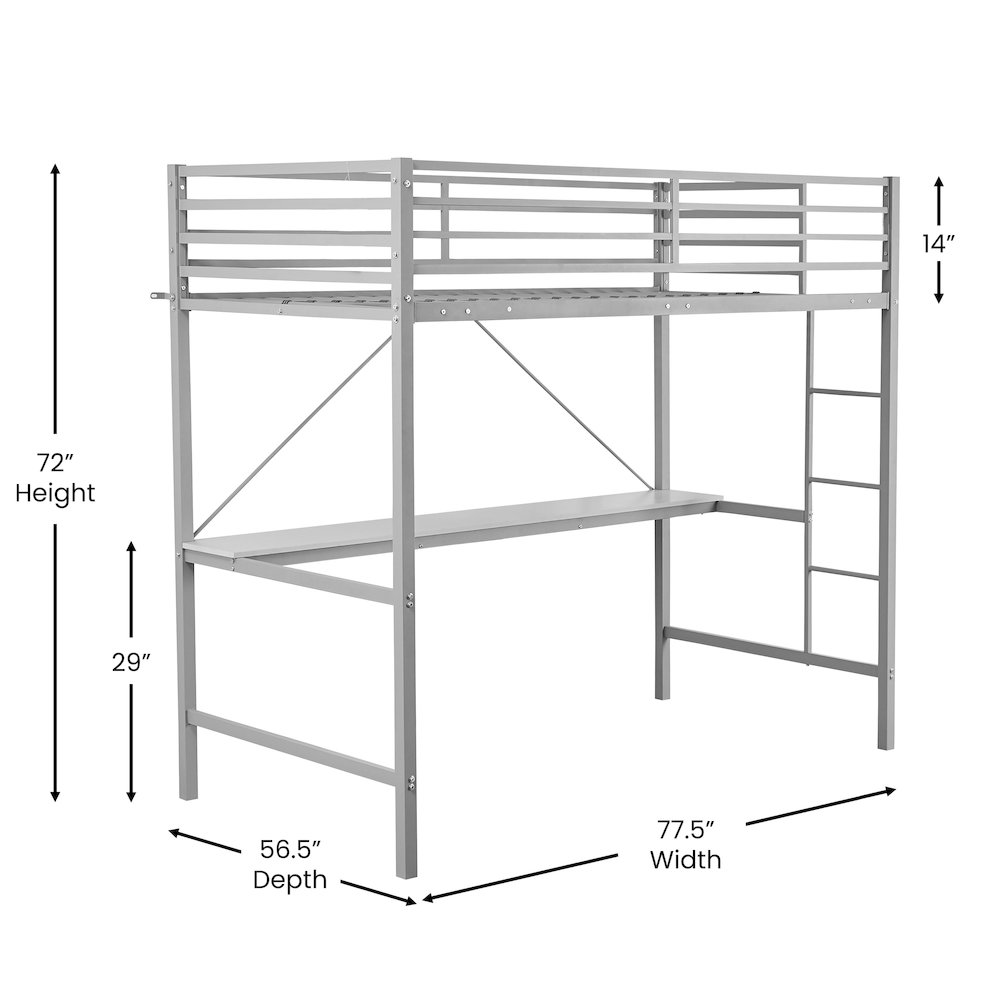 Twin Size Metal Loft Bed Frame with Built-In Desk. Picture 5