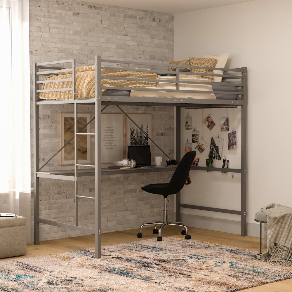Twin Size Metal Loft Bed Frame with Built-In Desk. Picture 2