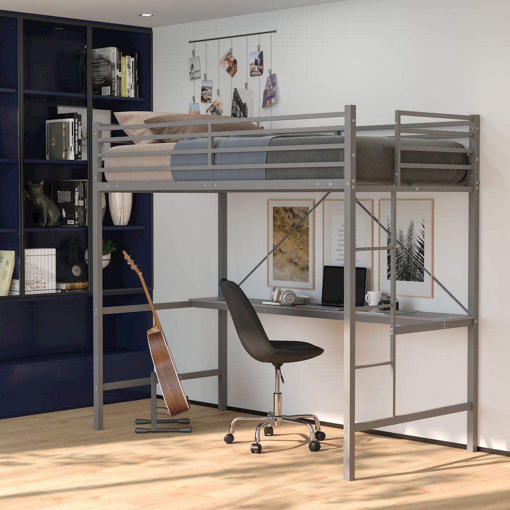 Twin Size Metal Loft Bed Frame with Built-In Desk. Picture 6
