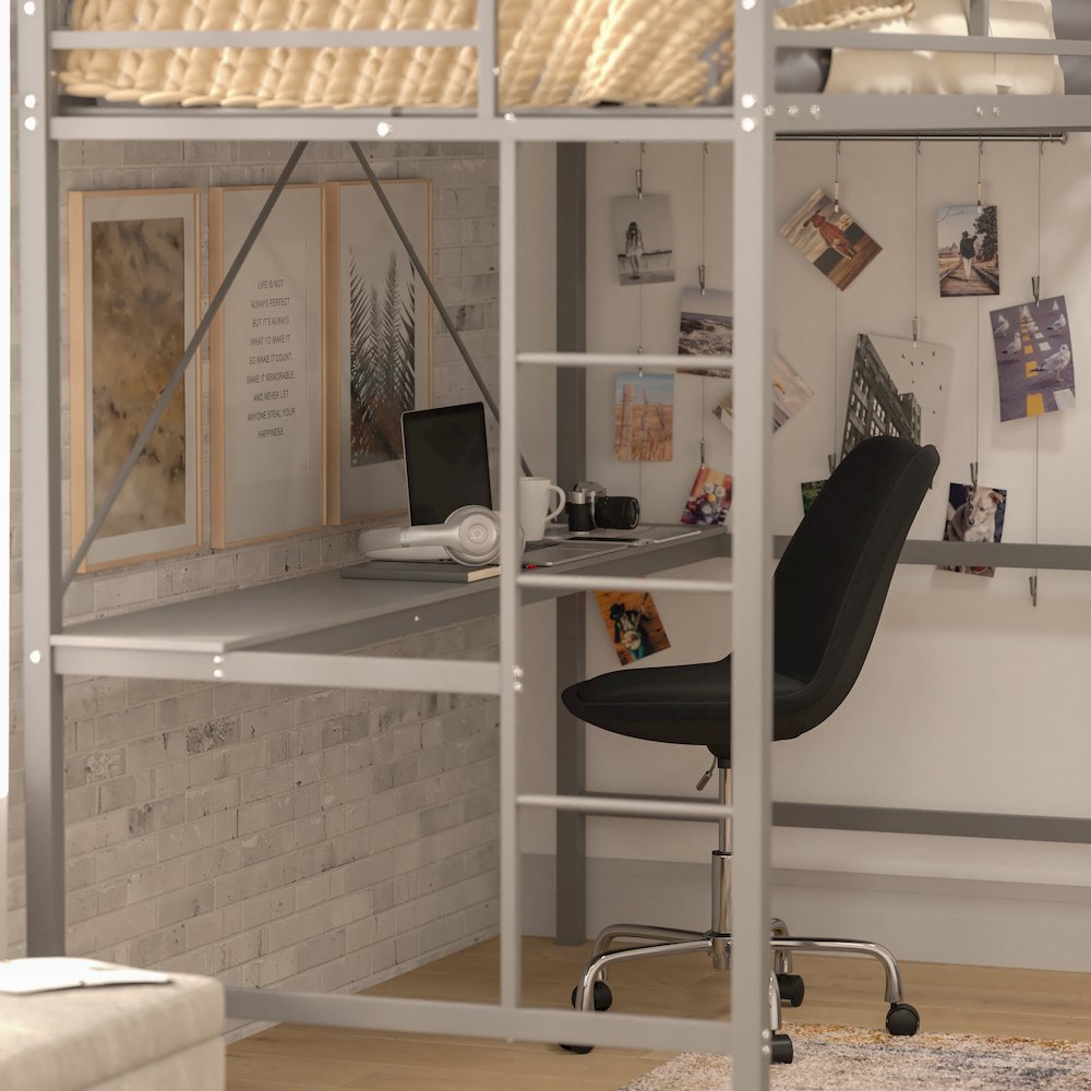 Twin Size Metal Loft Bed Frame with Built-In Desk. Picture 7