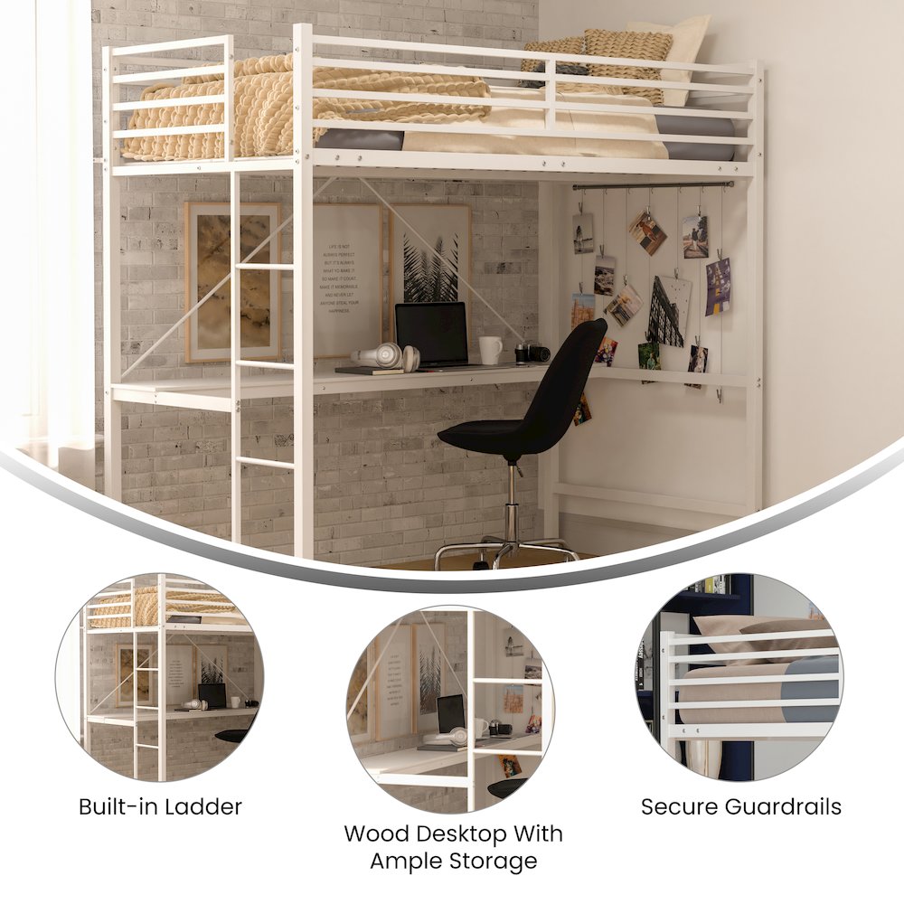 Twin Size Metal Loft Bed Frame with Built-In Desk. Picture 4