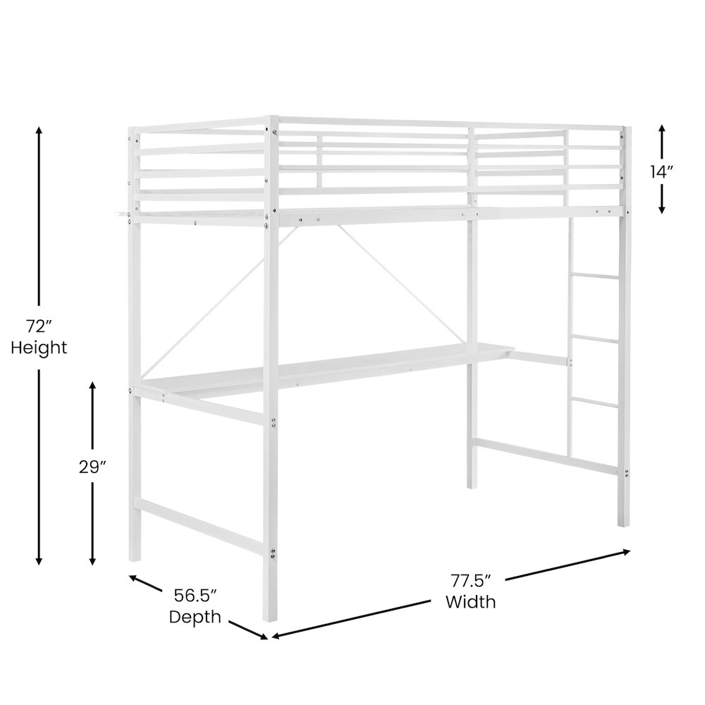 Twin Size Metal Loft Bed Frame with Built-In Desk. Picture 5