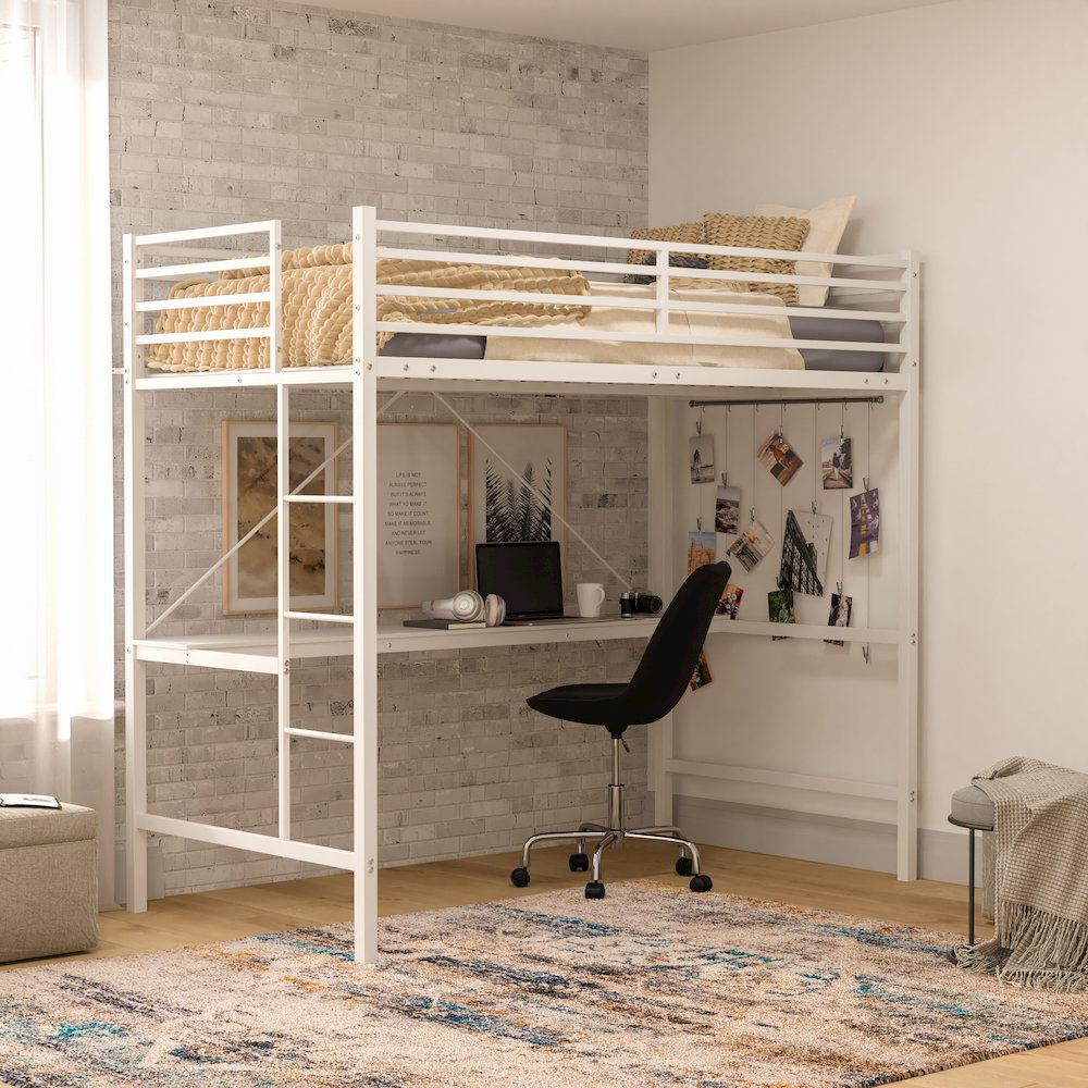 Twin Size Metal Loft Bed Frame with Built-In Desk. Picture 2