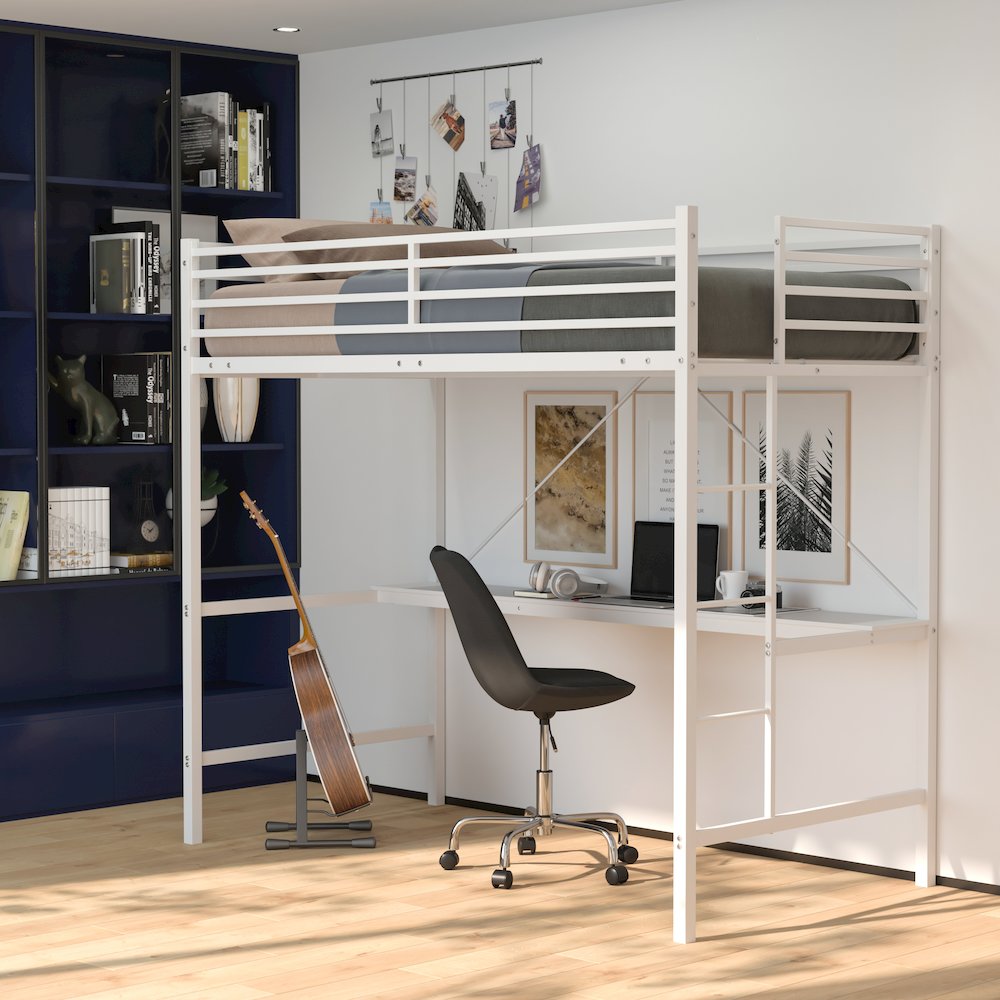 Twin Size Metal Loft Bed Frame with Built-In Desk. Picture 6