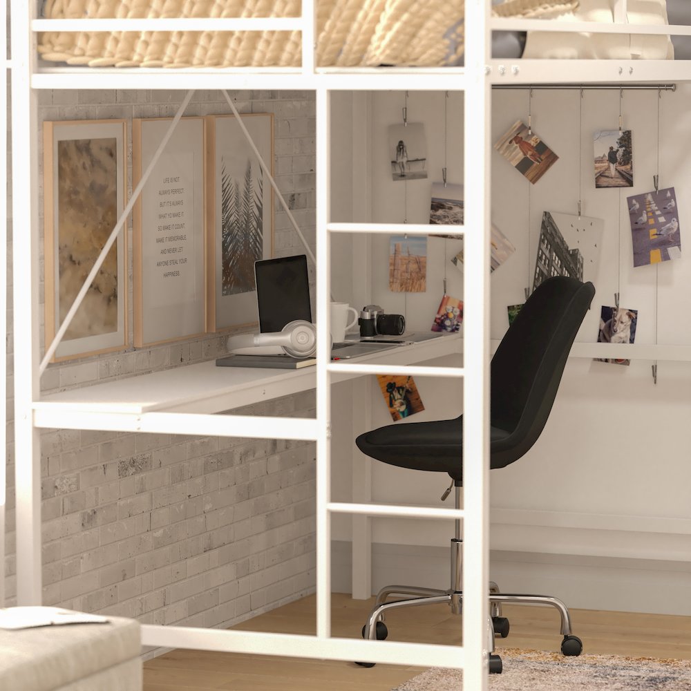 Twin Size Metal Loft Bed Frame with Built-In Desk. Picture 7