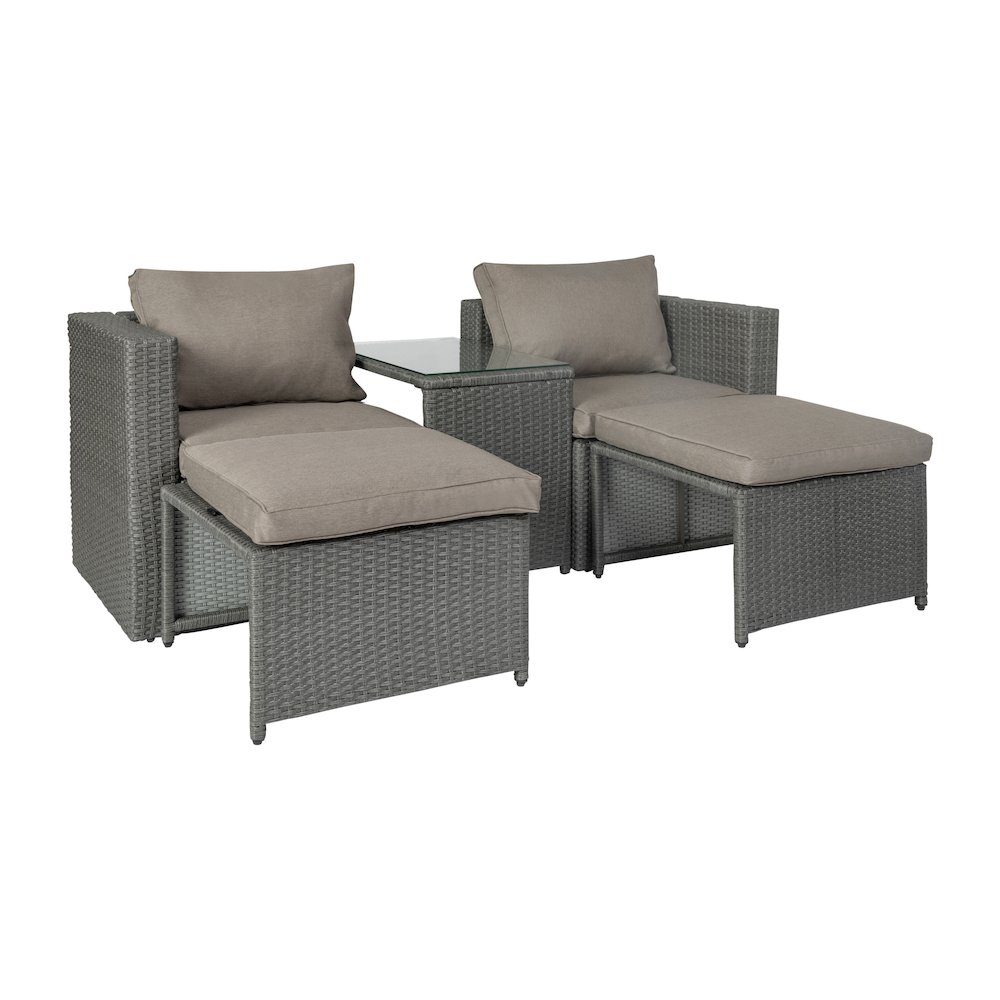 Modular Loveseat Sofa Set with Table and Ottomans, Gray Cushions and Gray Rattan. Picture 1