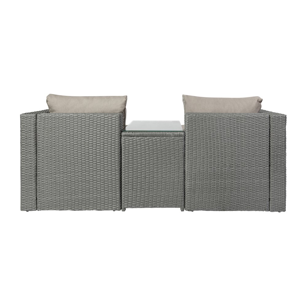 Modular Loveseat Sofa Set with Table and Ottomans, Gray Cushions and Gray Rattan. Picture 7